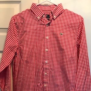 Boys Vineyard Vines Whale shirt red gingham check with green whale Sz L (16)